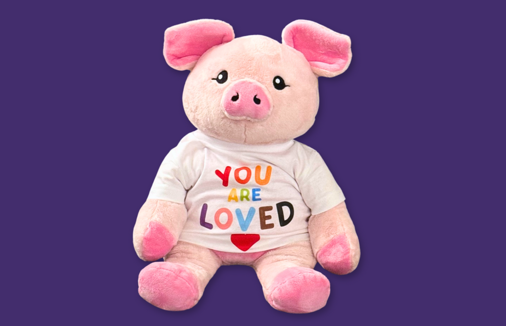 This image shows Harper the Pig Hugimal wearing a white baby tee on a dark purple background. The tee shirt has colorful lettering (red, orange, pink, purple, blue, brown) that says YOU ARE LOVED, with a red heart underneath the lettering.